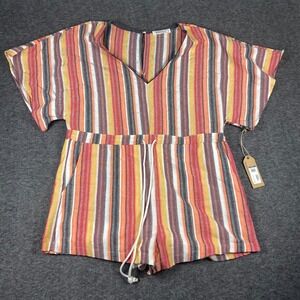 Wanderlux Romper Womens Large Striped‎ Multicolor Linen Blend Short Sleeve NWT